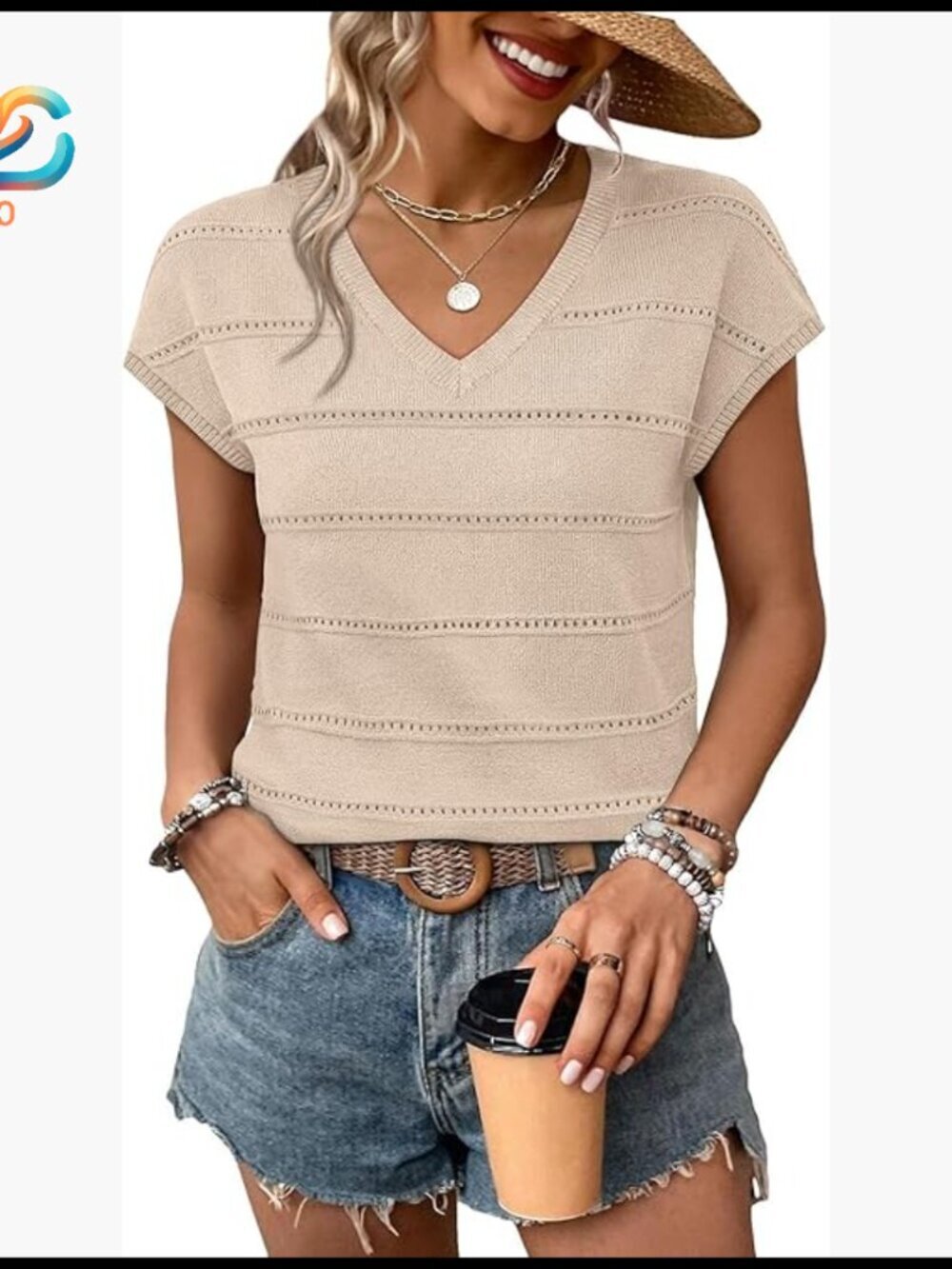 Lightweight V-Neck Sweater Top Cap Sleeves Business Casual